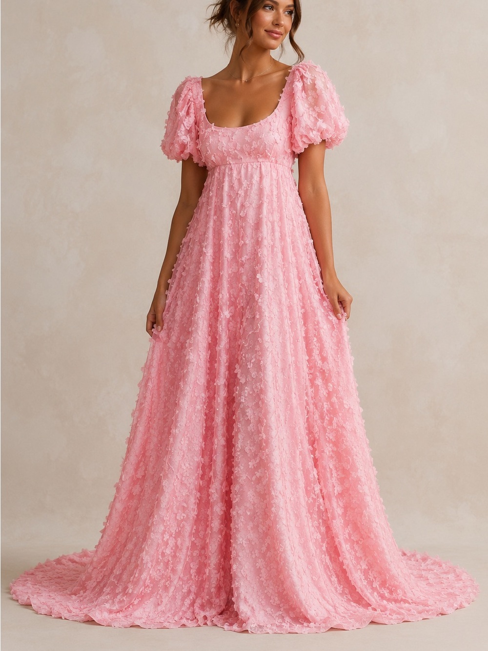 Pink Floral Maxi Puff Sleeve Cottagecore Romantic Formal Gown Women's. Size L - Picture 1 of 7